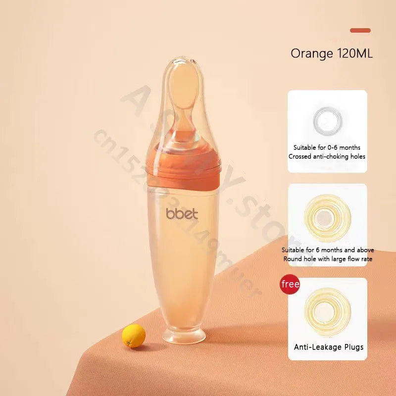BBET Silicone Squeezing Feeding Bottle with Spoon – 120ml Baby Food Dispenser