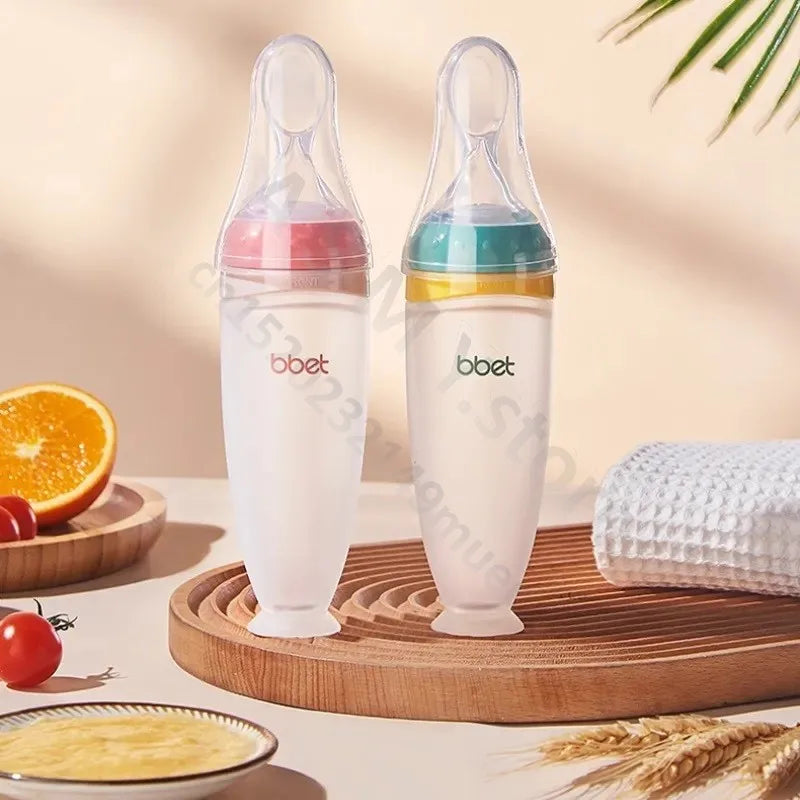 BBET Silicone Squeezing Feeding Bottle with Spoon – 120ml Baby Food Dispenser