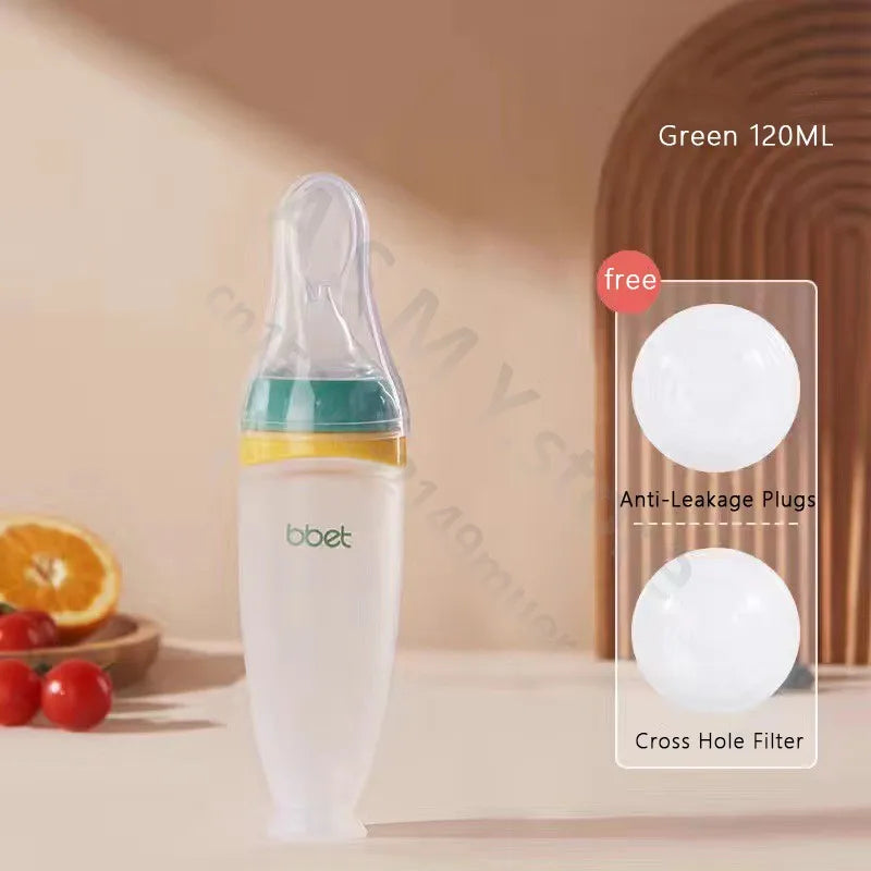 BBET Silicone Squeezing Feeding Bottle with Spoon – 120ml Baby Food Dispenser