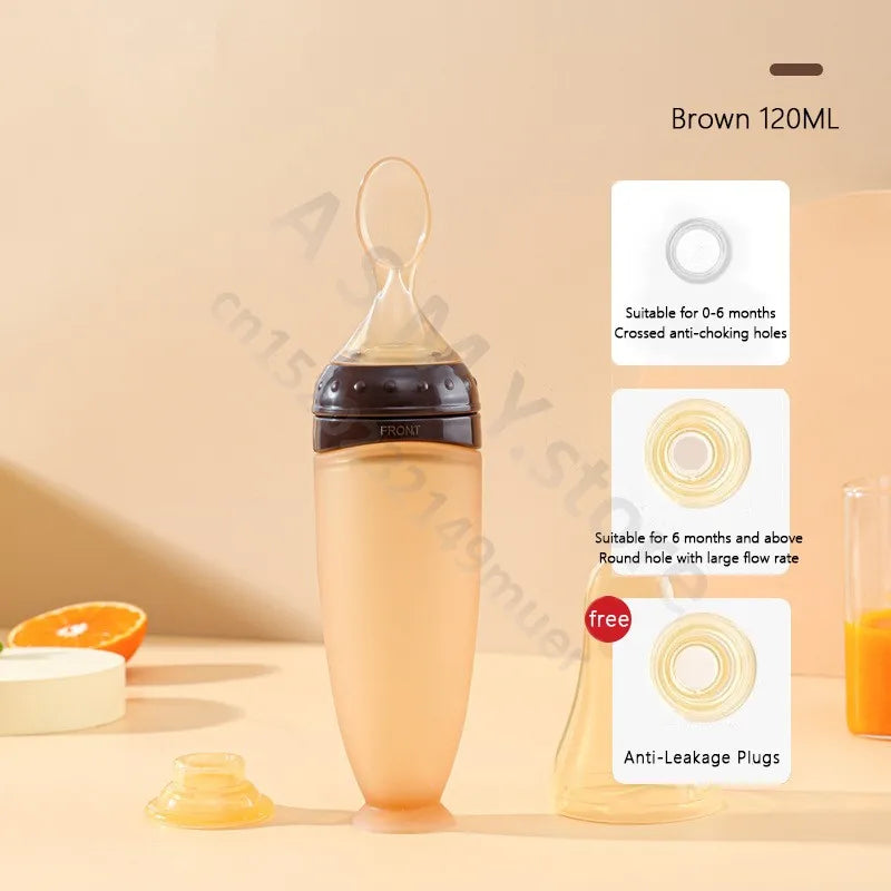 BBET Silicone Squeezing Feeding Bottle with Spoon – 120ml Baby Food Dispenser
