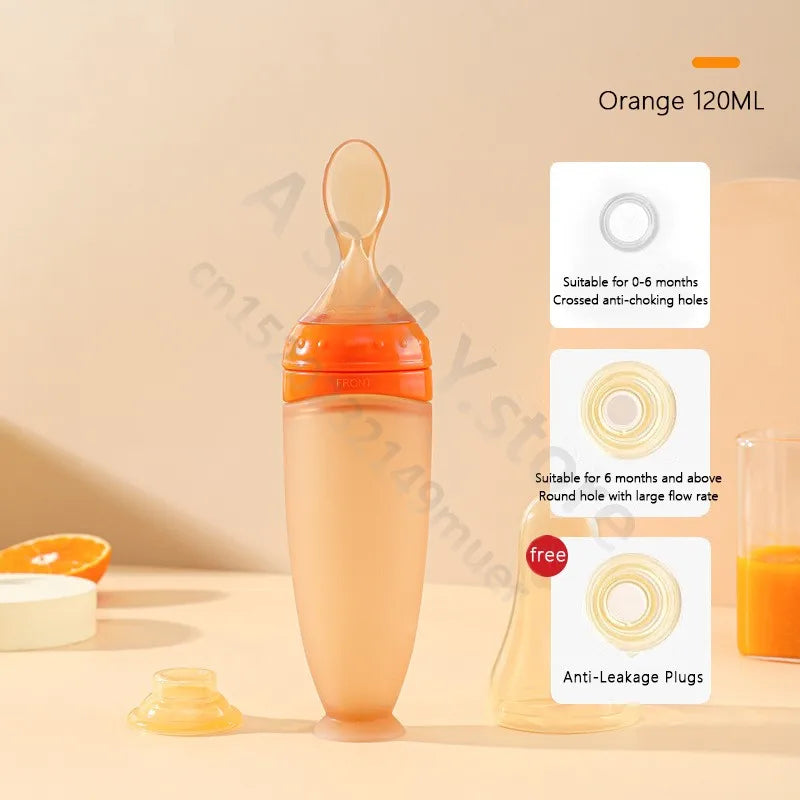BBET Silicone Squeezing Feeding Bottle with Spoon – 120ml Baby Food Dispenser